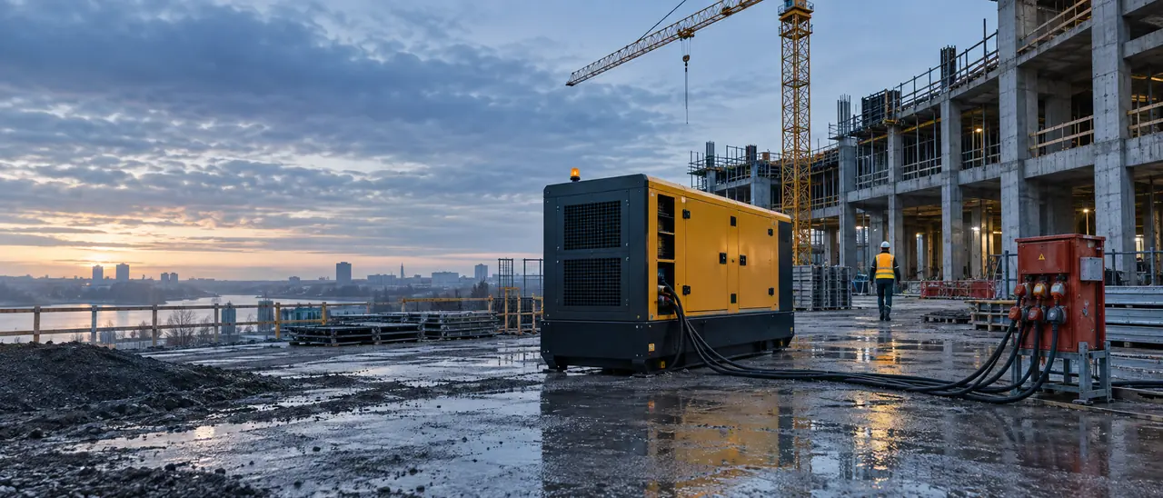 Schallgedämmtes Stromaggregat auf einer Rohbau-Baustelle, angeschlossen an einen Baustromverteiler neben einem Kran