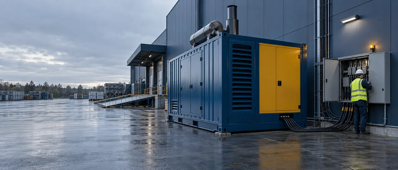 Stromerzeuger im Containergehäuse an einer Gewerbehalle, angeschlossen an die Einspeisung der Elektroverteilung