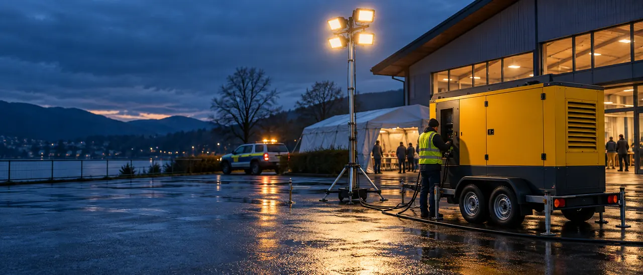 Stromerzeuger und Lichtmast vor einer Halle im Abendlicht, ein Einsatzfahrzeug und ein Zelt im Hintergrund