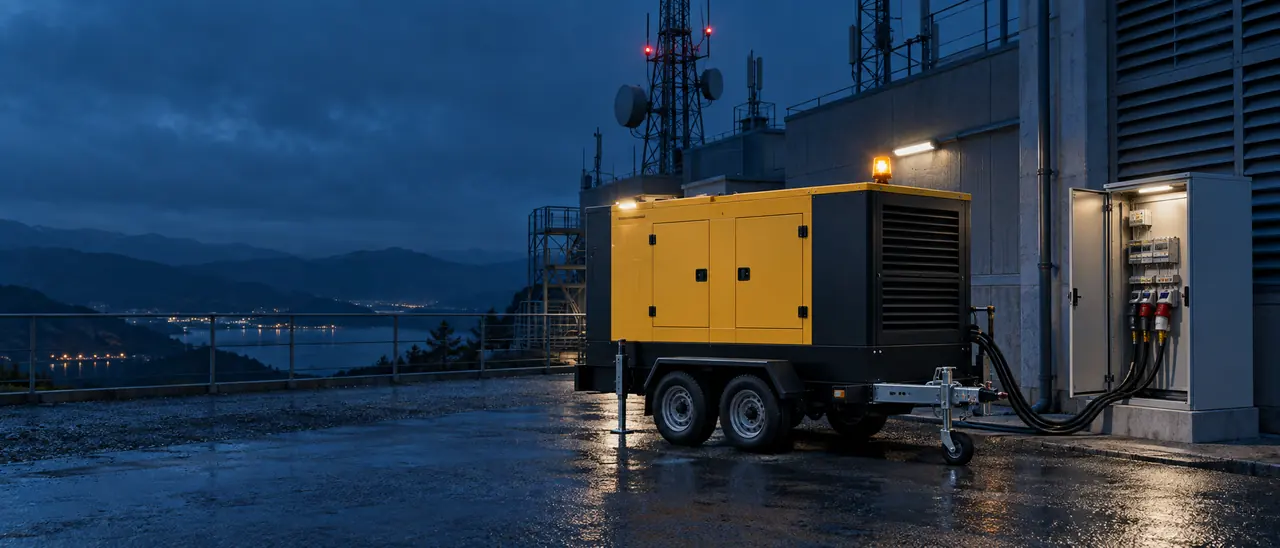 Notstromaggregat auf Anhänger an einer Anlage der technischen Infrastruktur mit Funkmast, angeschlossen an einen Verteilerschrank